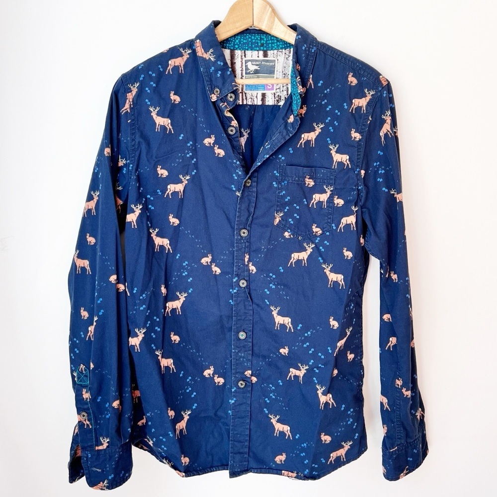 Modern Amusement Button‎ Up Shirt Navy Blue Deer Rabbit Print Small